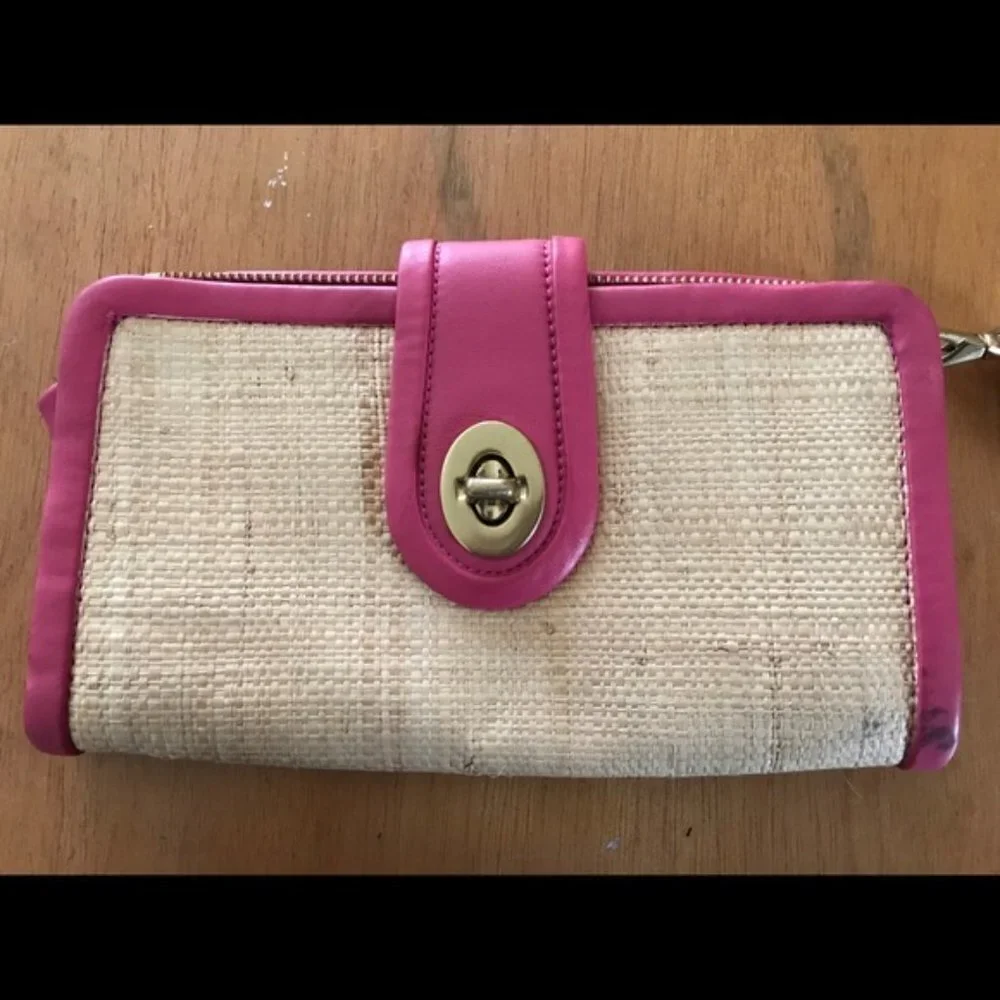 AUTH Coach Spring/Summer Straw Woven Clutch/Wallet Pink/Beige #0060 VINTAGE Y2K